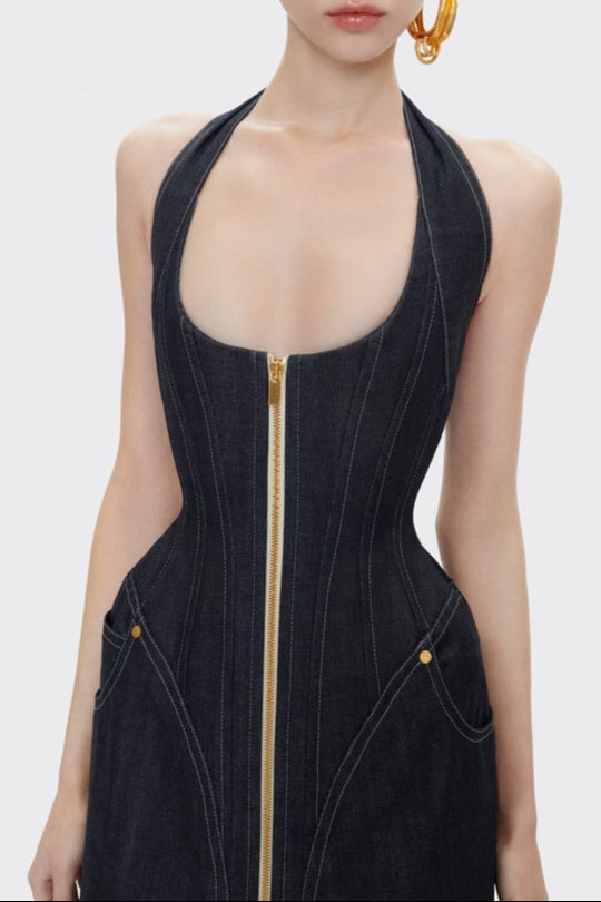 NAVY BLUE HALTER CORSET MIDI DRESS FOR WEDDING