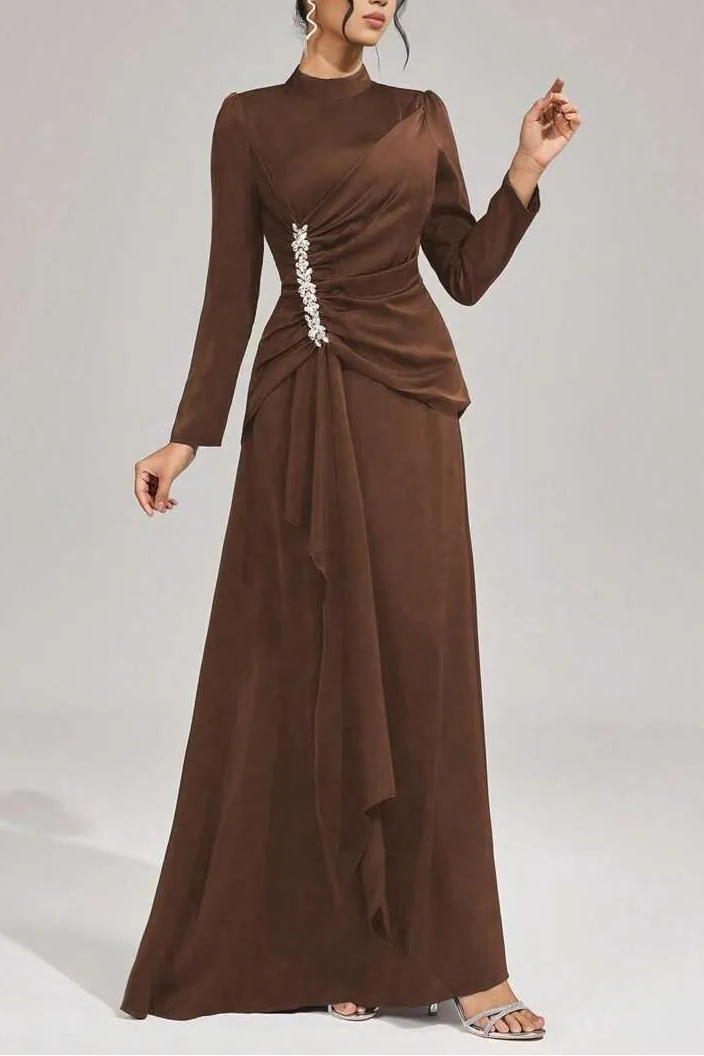 BEULAH BEADED PLEATED MAXI DRESS, BROWN