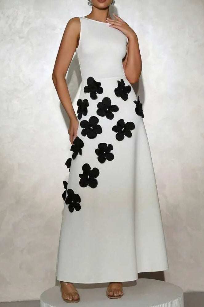 MARCIA 3D FLOWER A-LINE WHITE MAXI DRESS