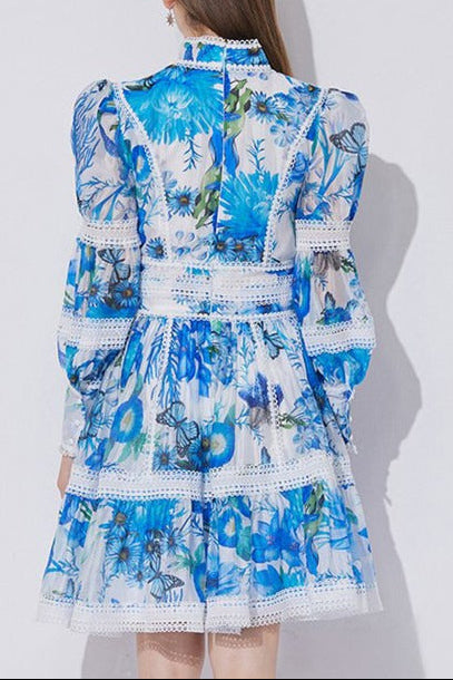 SABRINA BLUE LACE-PANEL LANTERN SLEEVE MINI DRESS