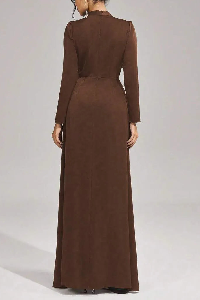 BEULAH BEADED PLEATED MAXI DRESS, BROWN