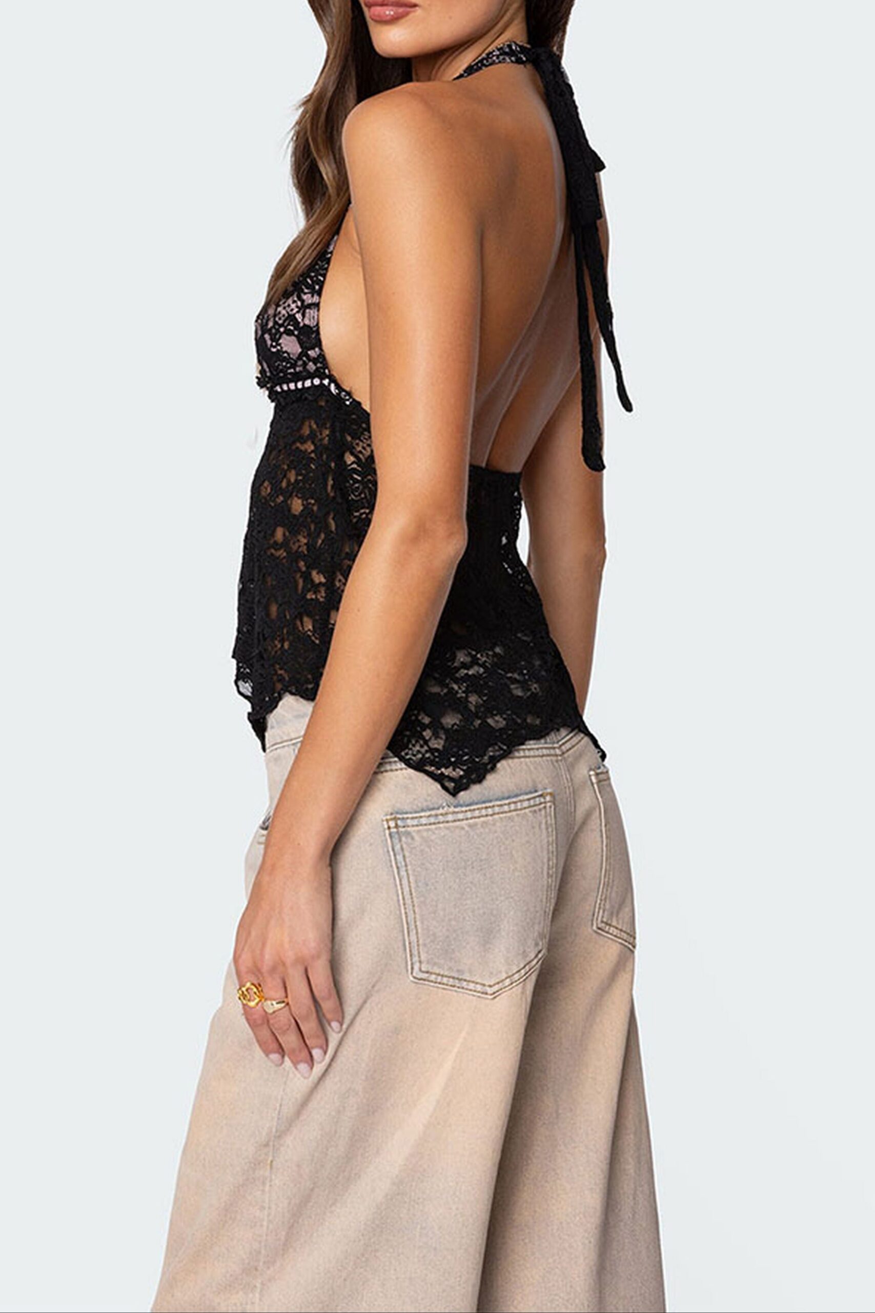 BACKLESS LACE HALTER TOP – BLACK, SEXY NIGHT OUT