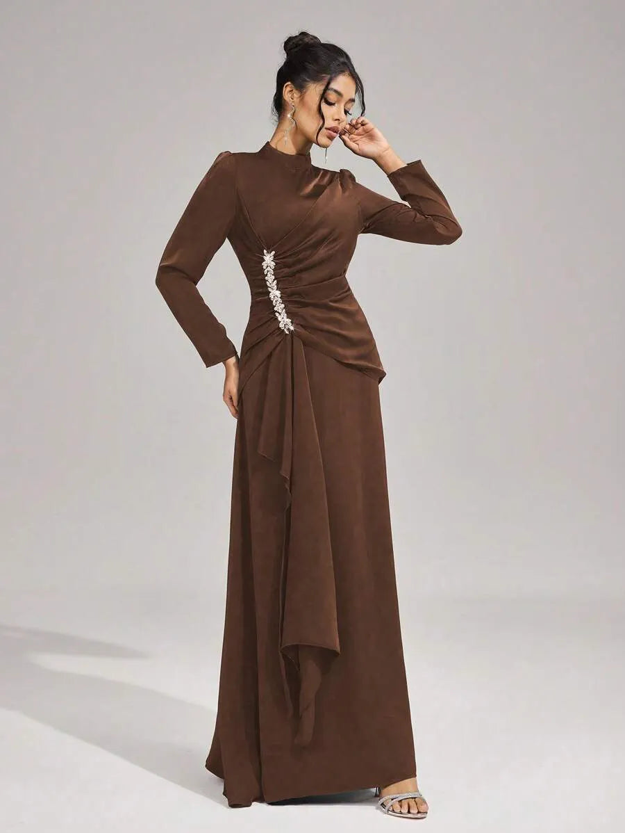 BEULAH BEADED PLEATED MAXI DRESS, BROWN