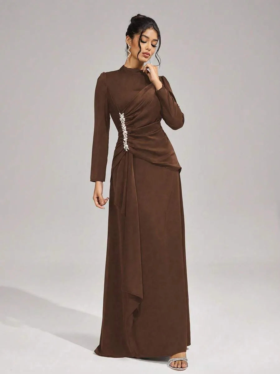 BEULAH BEADED PLEATED MAXI DRESS, BROWN