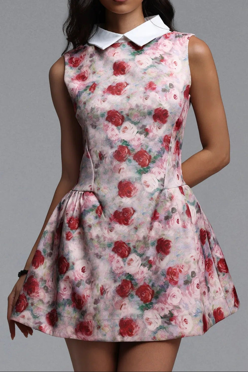 COLLARED SLEEVELESS FLORAL A-LINE MINI DRESS