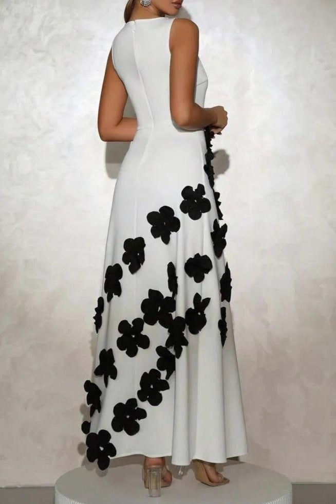 MARCIA 3D FLOWER A-LINE WHITE MAXI DRESS