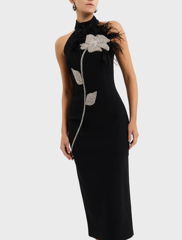 BEATRICE BLACK HALTER MIDI DRESS WITH RHINESTONE FEATHER