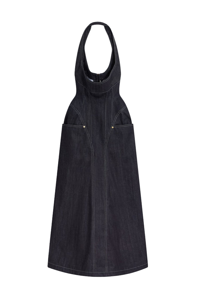 NAVY BLUE HALTER CORSET MIDI DRESS FOR WEDDING