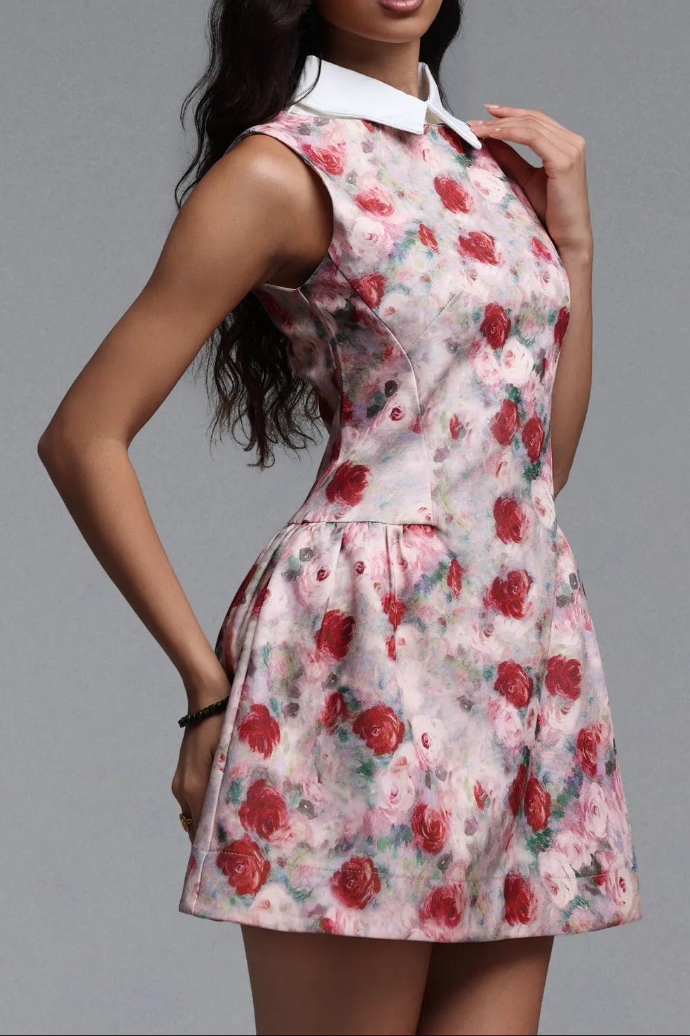 COLLARED SLEEVELESS FLORAL A-LINE MINI DRESS