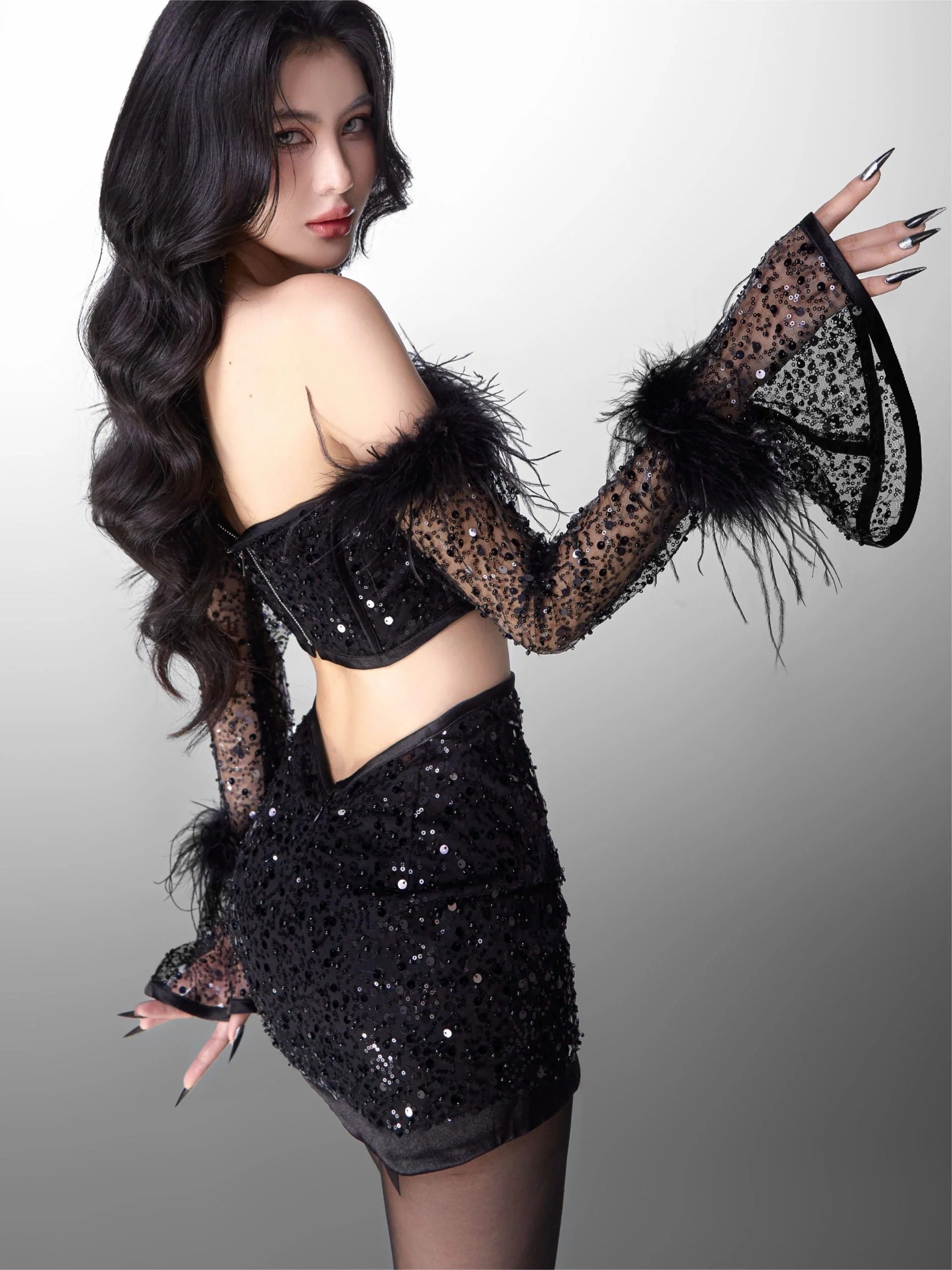 BLACK OFF-SHOULDER MESH SKIRT SET