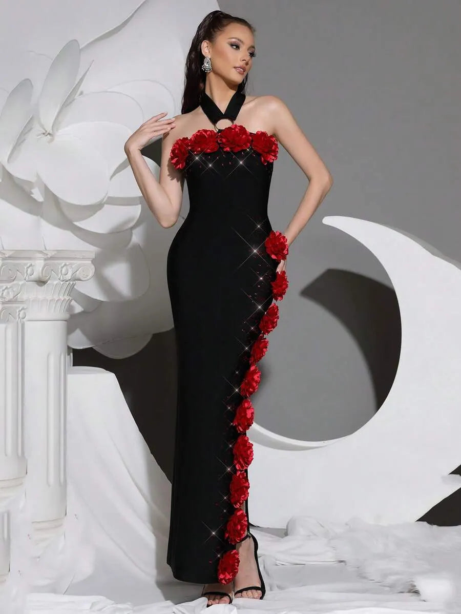 SEBASTIANE HALTERNECK FLORAL BANDAGE MAXI DRESS BLACK