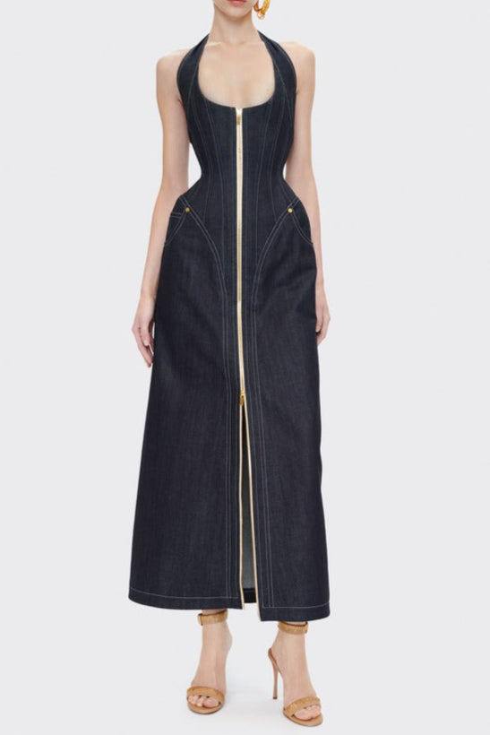 NAVY BLUE HALTER CORSET MIDI DRESS FOR WEDDING