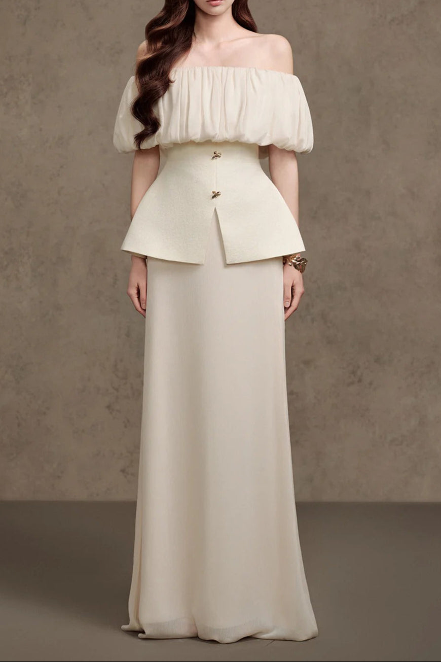 KAREN STRAIGHT FOAM SILK STRAPLESS WHITE MAXI DRESS