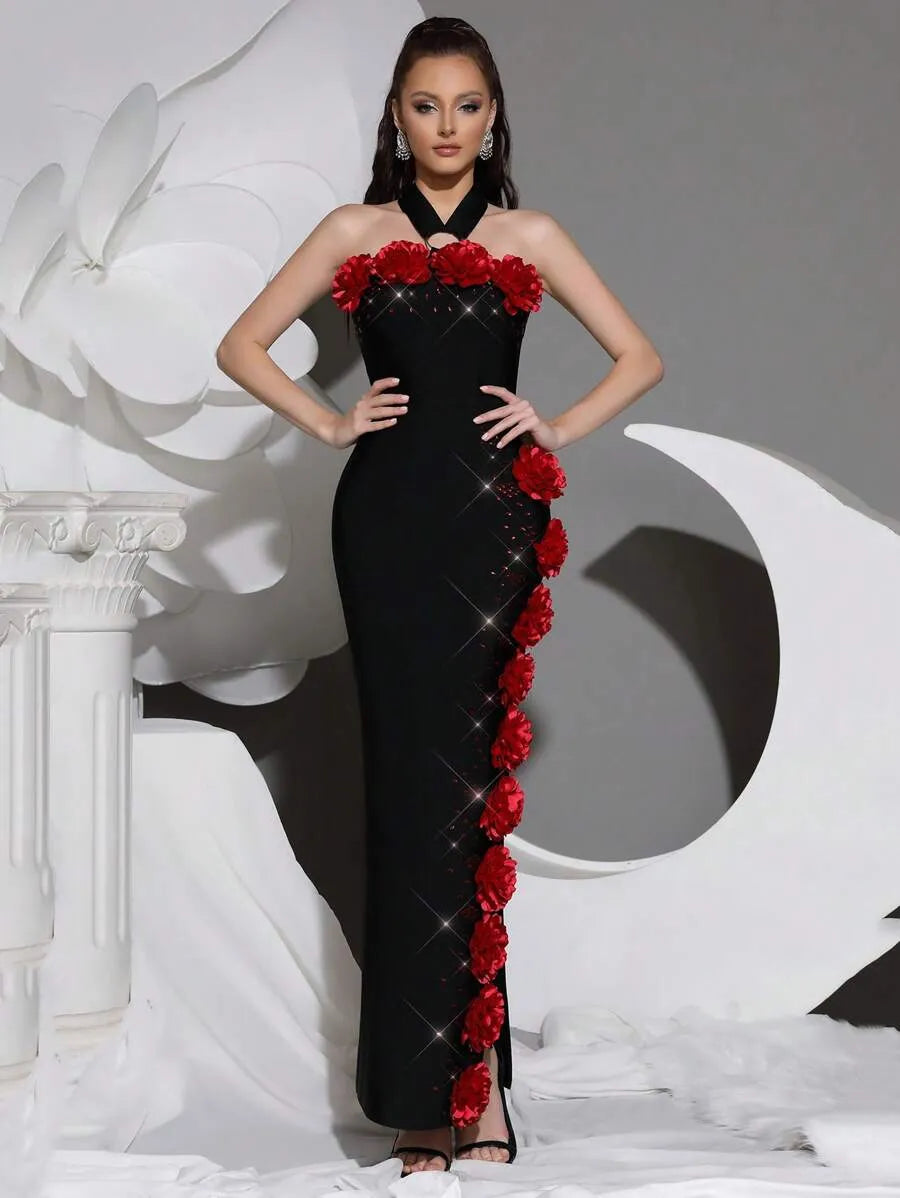 SEBASTIANE HALTERNECK FLORAL BANDAGE MAXI DRESS BLACK