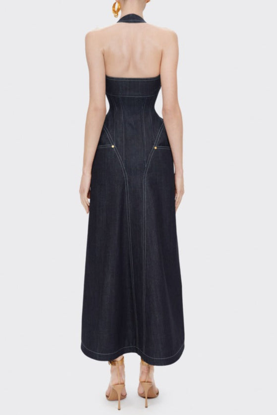 NAVY BLUE HALTER CORSET MIDI DRESS FOR WEDDING