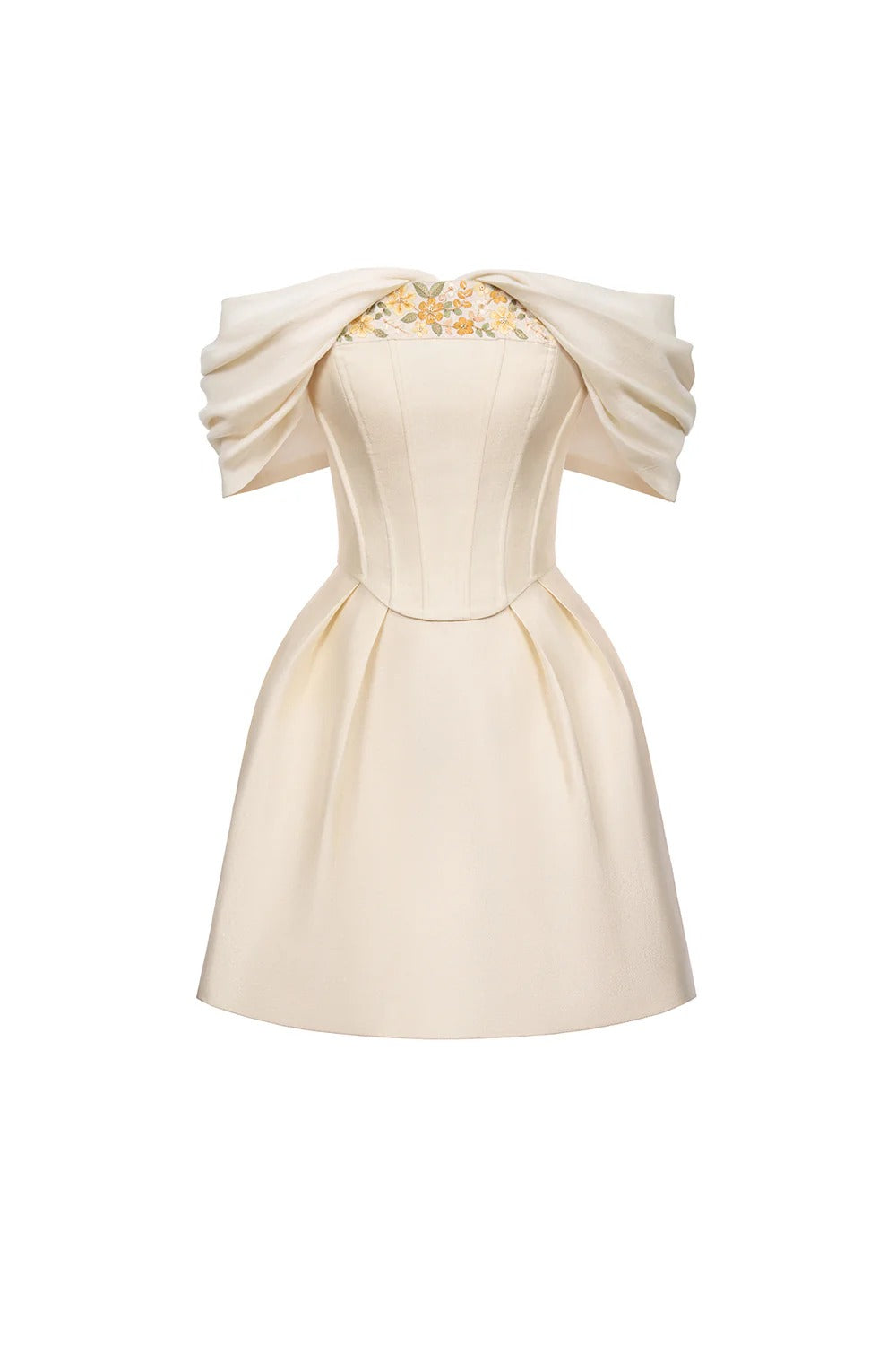 EMBROIDERED A-LINE OFF-SHOULDER BEIGE MINI DRESS