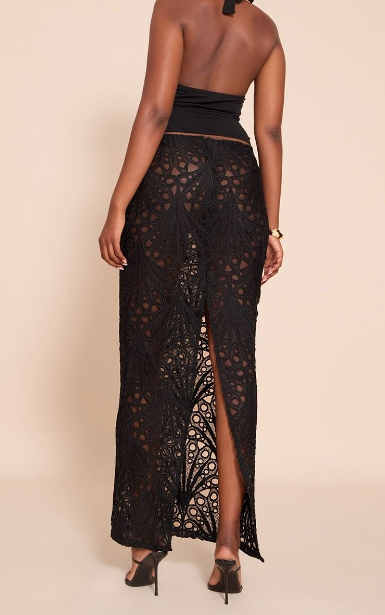 BLACK LACE MAXI SKIRT TEXTURED FLORAL FORMAL