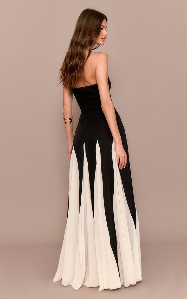 BLACK BANDEAU CHIFFON PLEATED MAXI DRESS