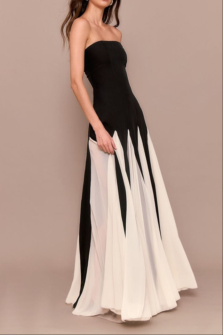 BLACK BANDEAU CHIFFON PLEATED MAXI DRESS