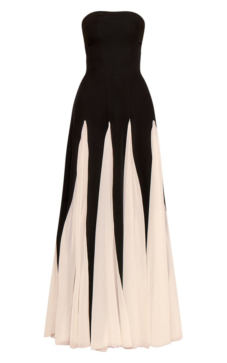 BLACK BANDEAU CHIFFON PLEATED MAXI DRESS