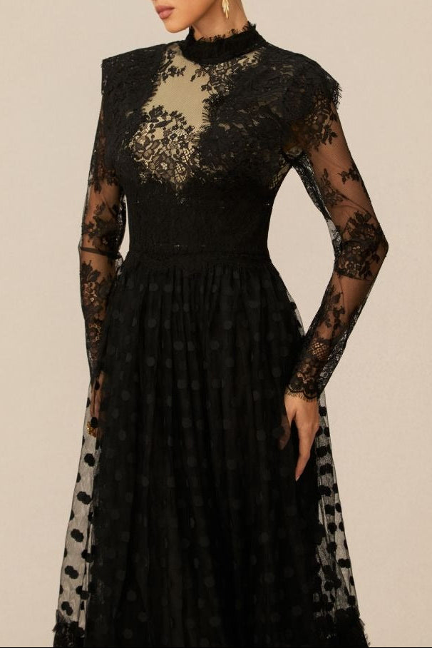 ELEGANT BLACK POLKA DOT LACE MAXI DRESS