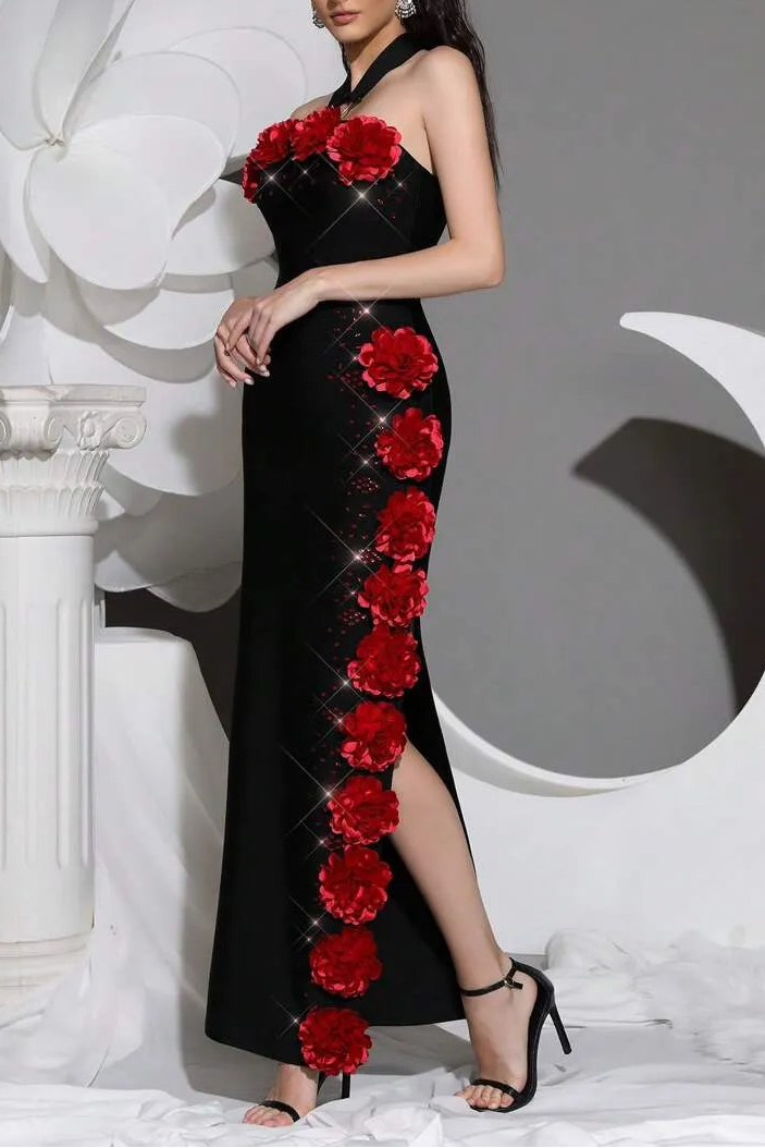 SEBASTIANE HALTERNECK FLORAL BANDAGE MAXI DRESS BLACK