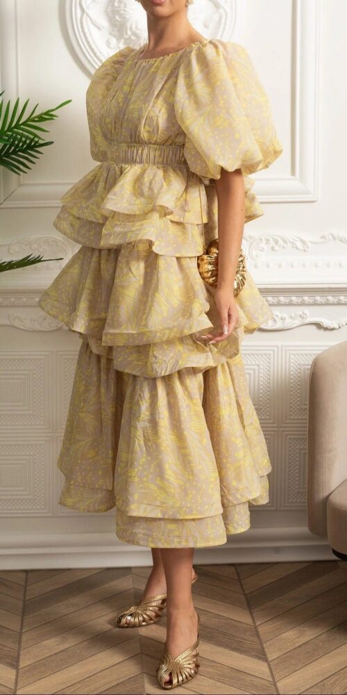kristin Puff Sleeve Tiered Ruffle Midi Dress - Yellow kristin Puff Sleeve Tiered Ruffle Midi Dress - Yellow