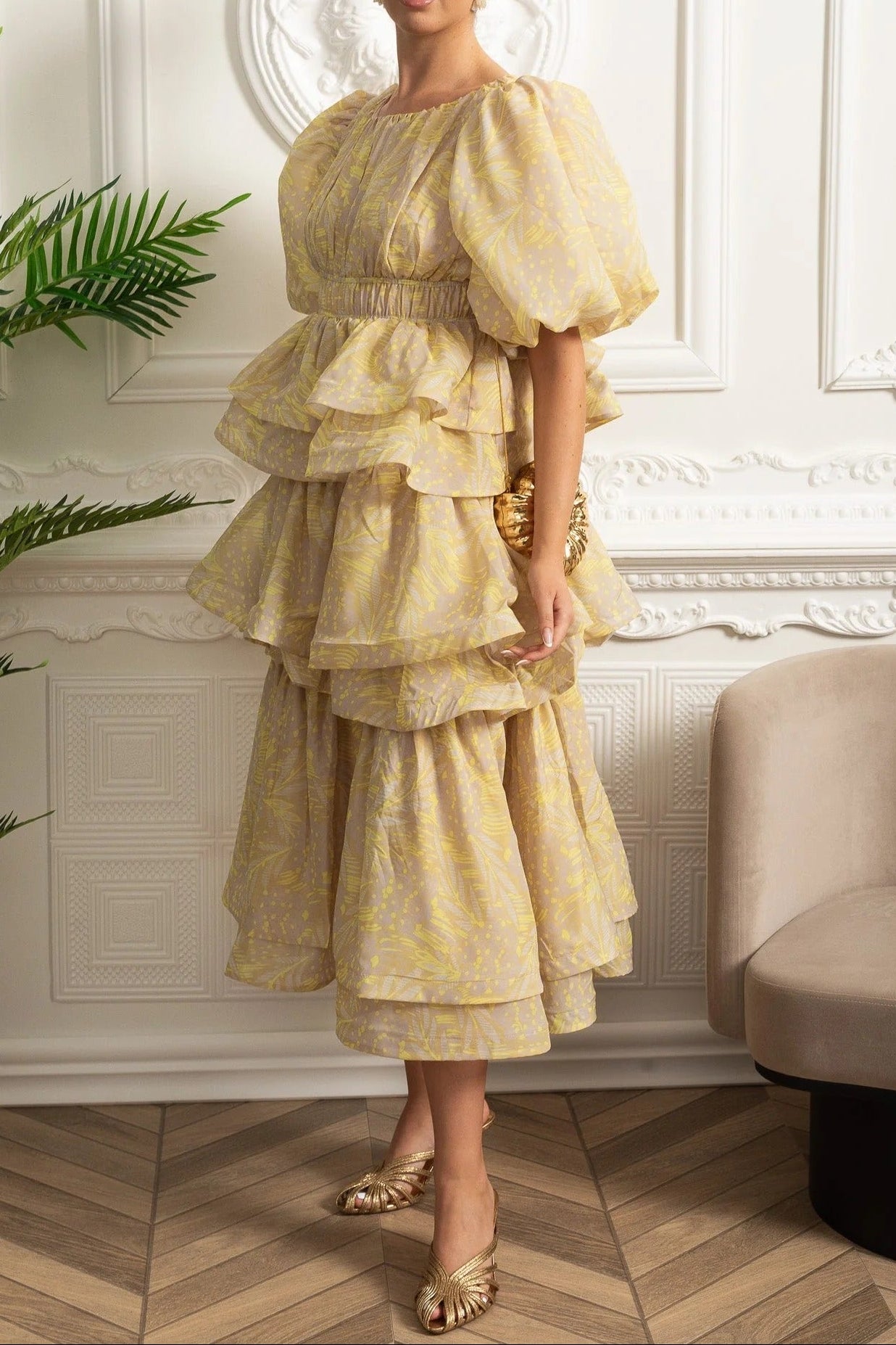 KRISTIN PUFF SLEEVE RUFFLE MIDI DRESS YELLOW