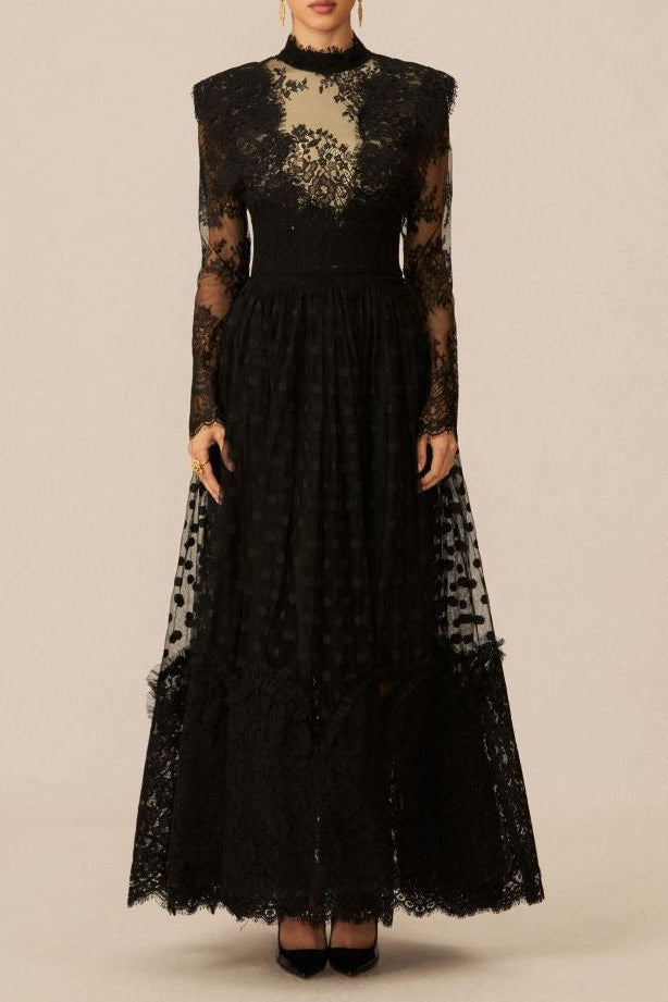 ELEGANT BLACK POLKA DOT LACE MAXI DRESS