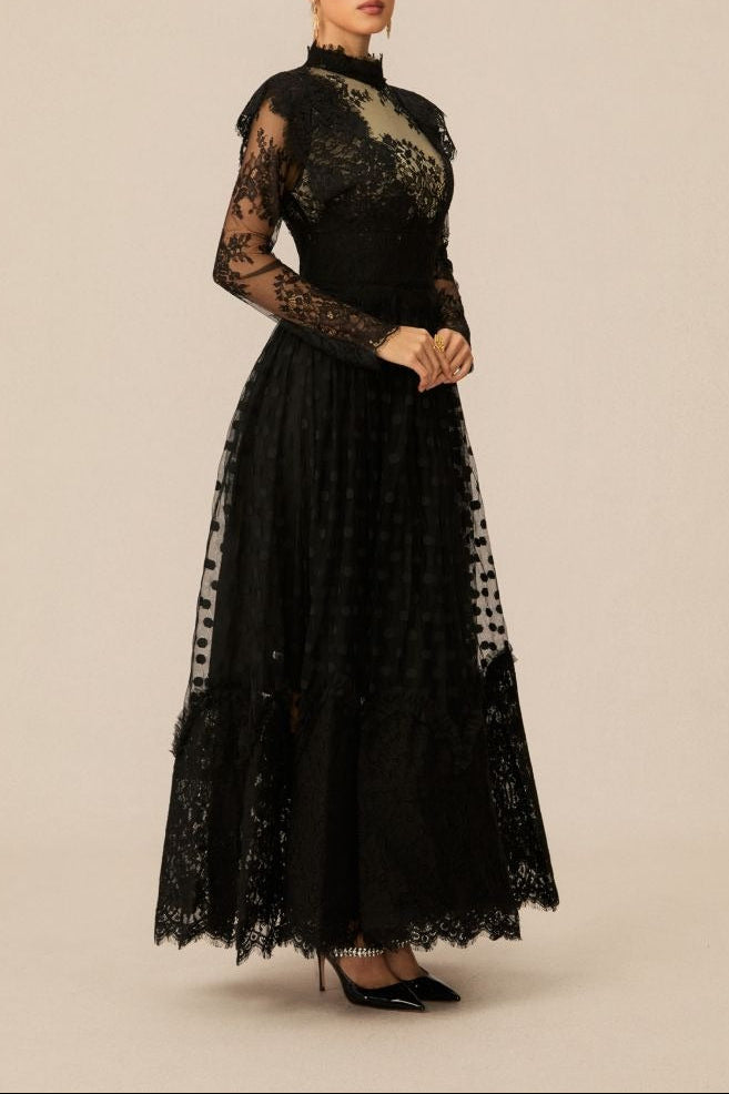 ELEGANT BLACK POLKA DOT LACE MAXI DRESS