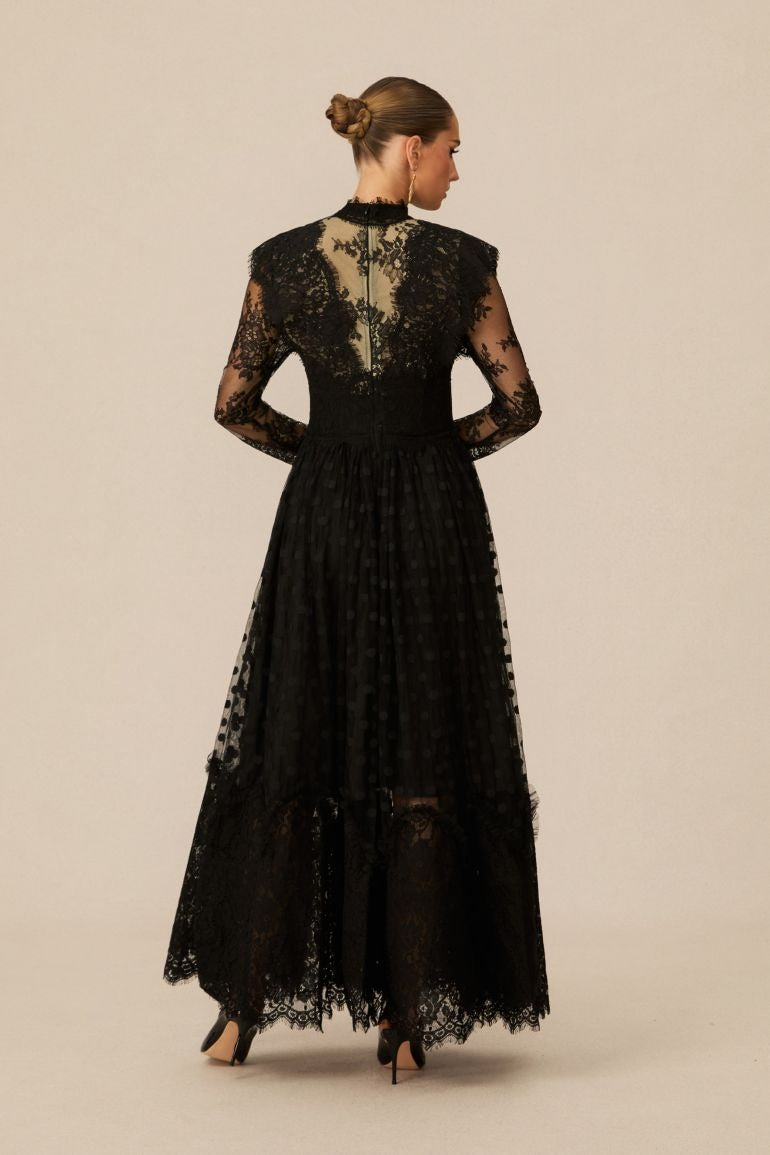 ELEGANT BLACK POLKA DOT LACE MAXI DRESS