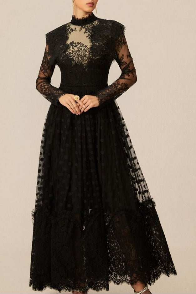 ELEGANT BLACK POLKA DOT LACE MAXI DRESS