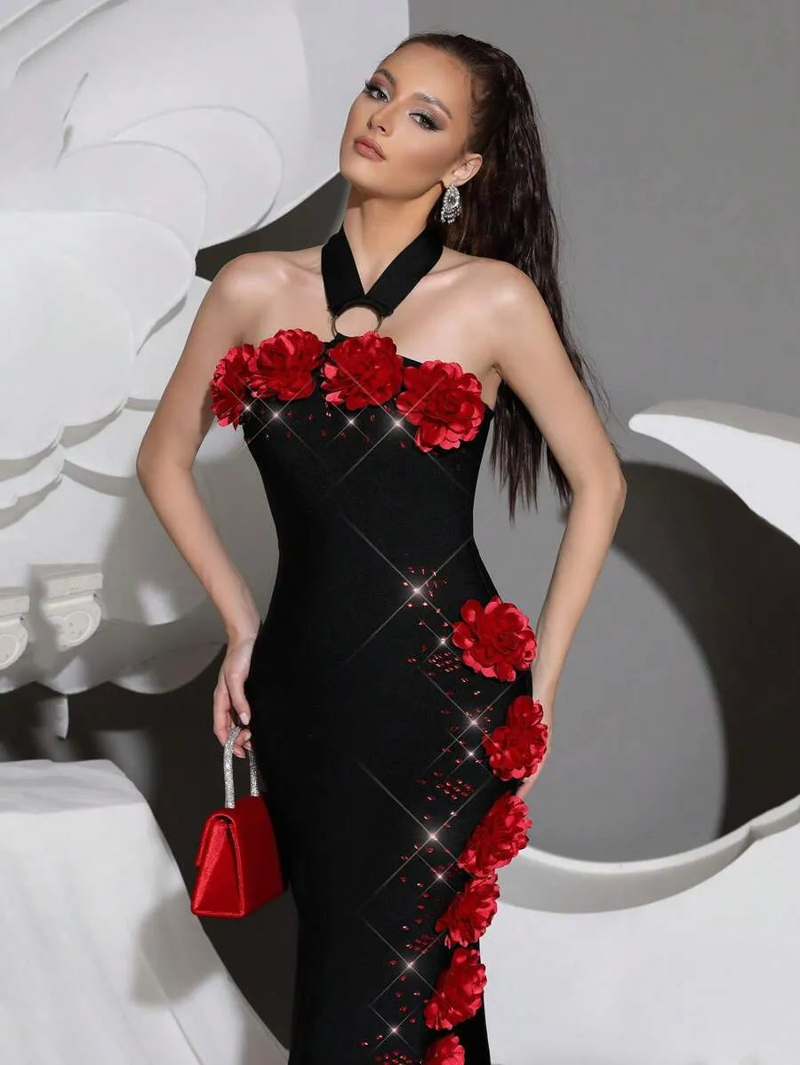 SEBASTIANE HALTERNECK FLORAL BANDAGE MAXI DRESS BLACK