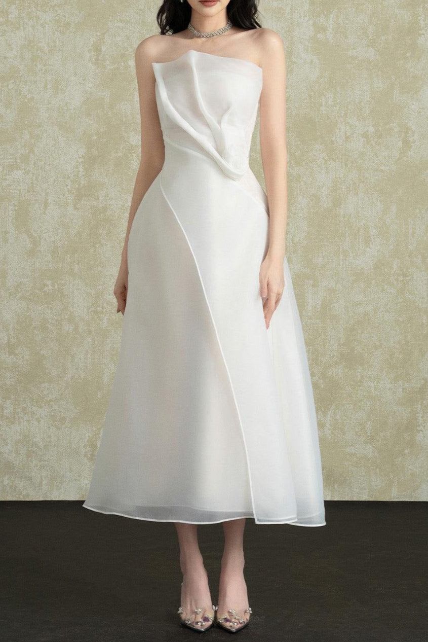STRAPLESS ORGANZA MIDI DRESS FOR WEDDING GUEST
