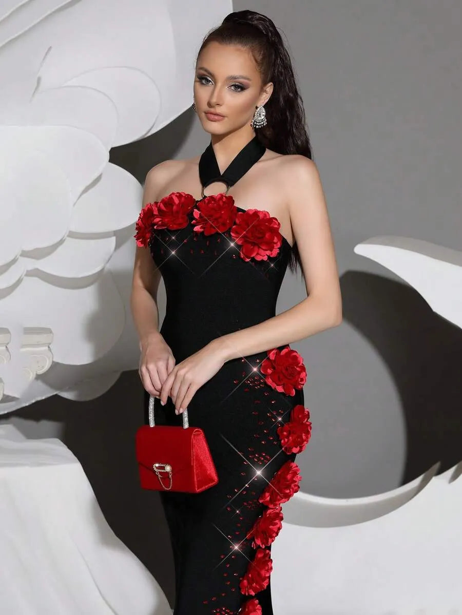 SEBASTIANE HALTERNECK FLORAL BANDAGE MAXI DRESS BLACK