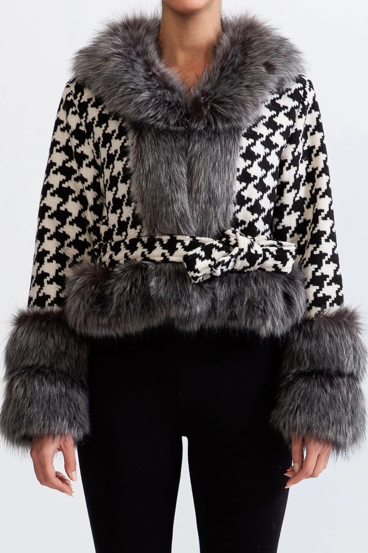 NATIVIDAD HOUNDSTOOTH WOOL BELTED COAT FUR