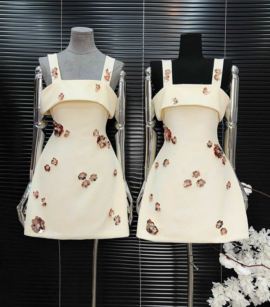 GABRIELLE SEQUIN FLOWER WHITE MINI DRESS