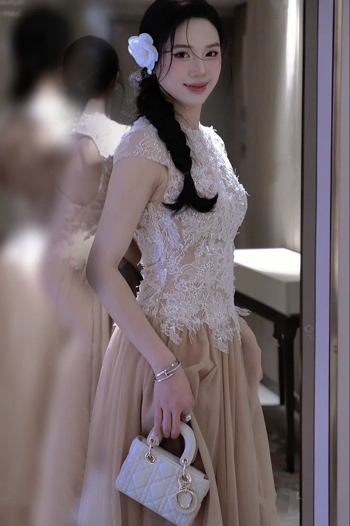 BROWN SEQUIN LACE MESH MAXI DRESS FOR EVENING