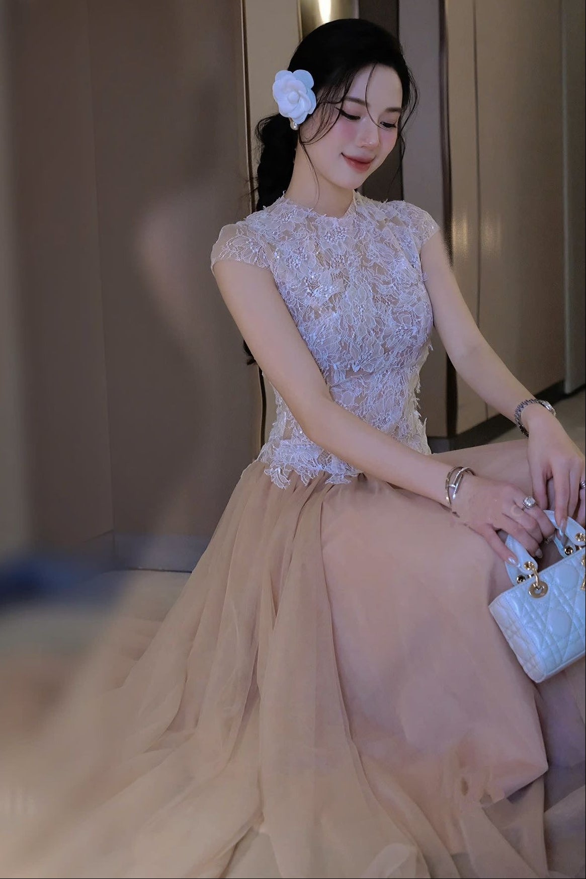 BROWN SEQUIN LACE MESH MAXI DRESS FOR EVENING