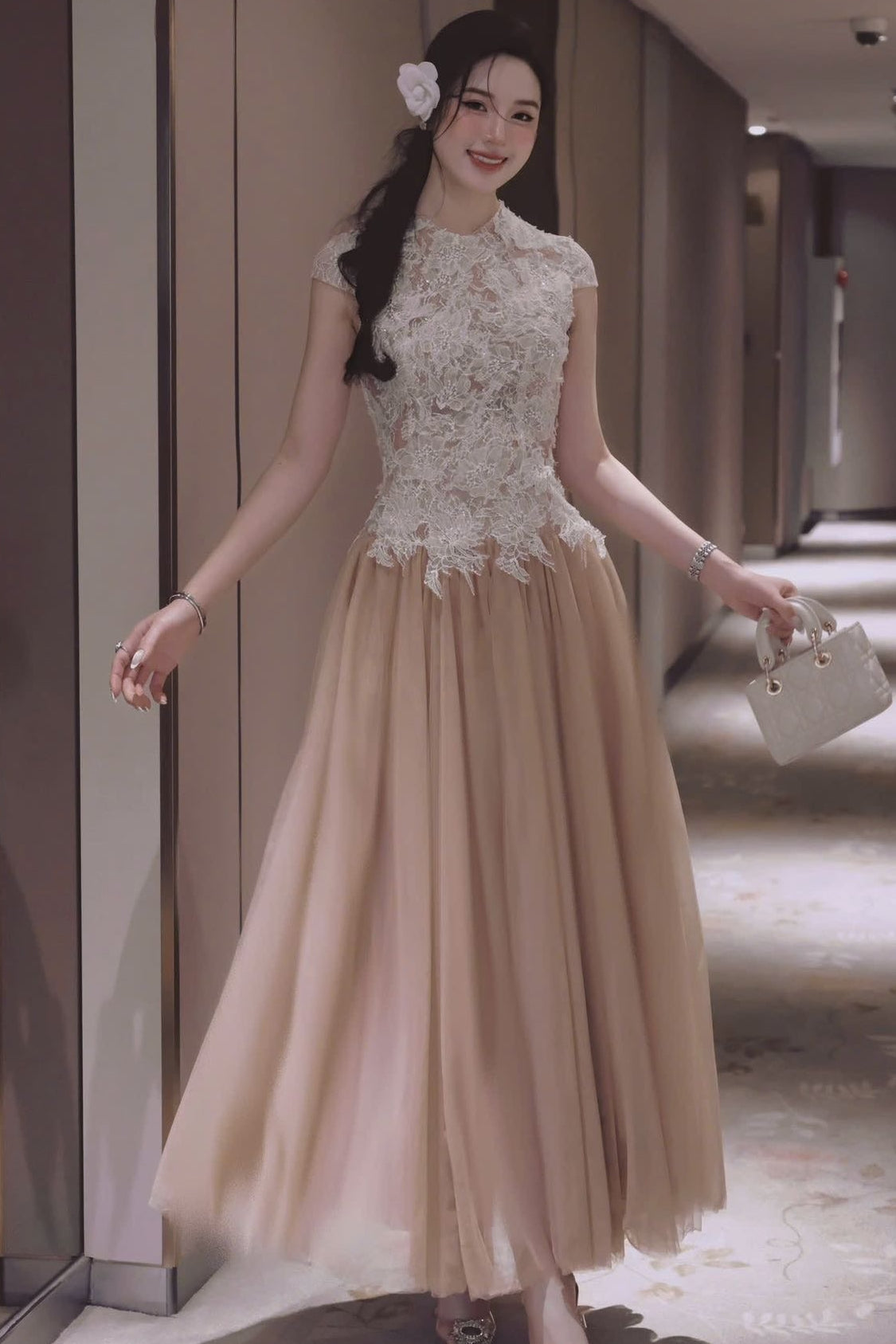 BROWN SEQUIN LACE MESH MAXI DRESS FOR EVENING