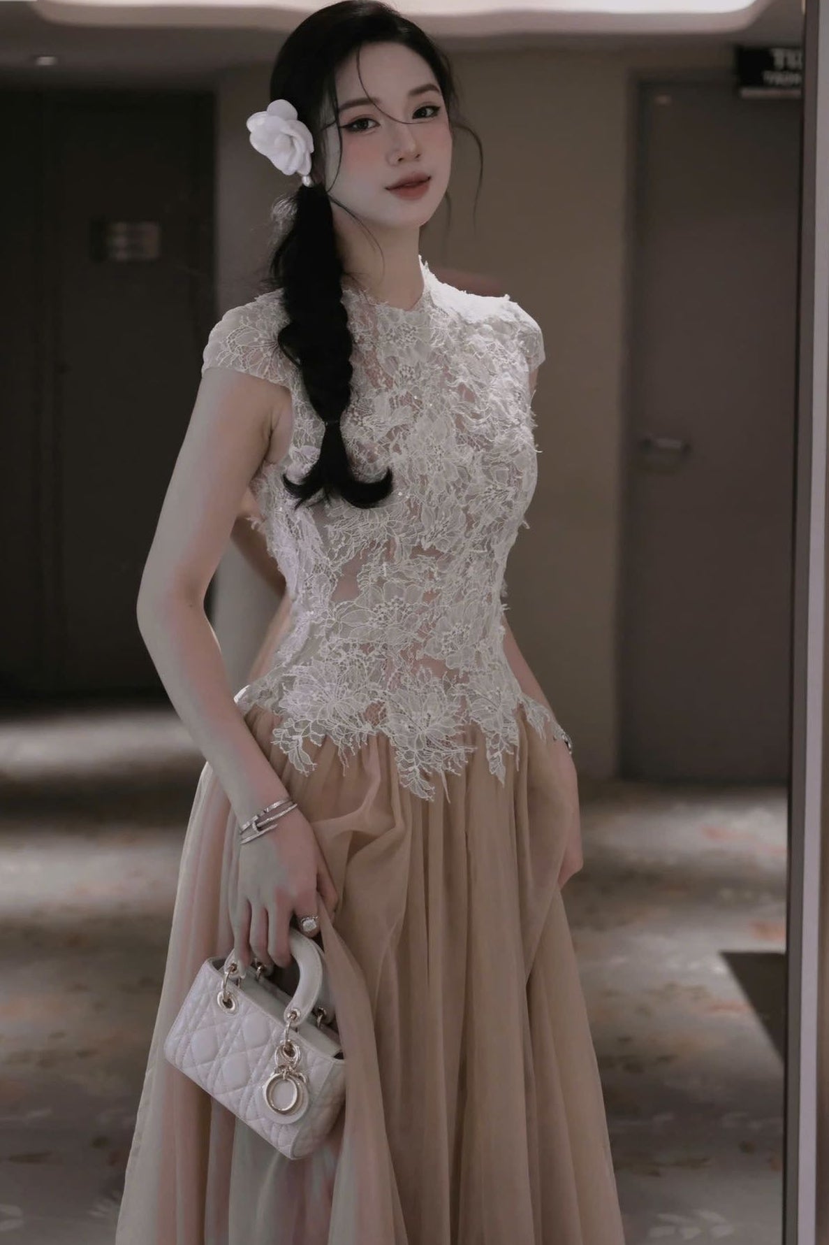 BROWN SEQUIN LACE MESH MAXI DRESS FOR EVENING