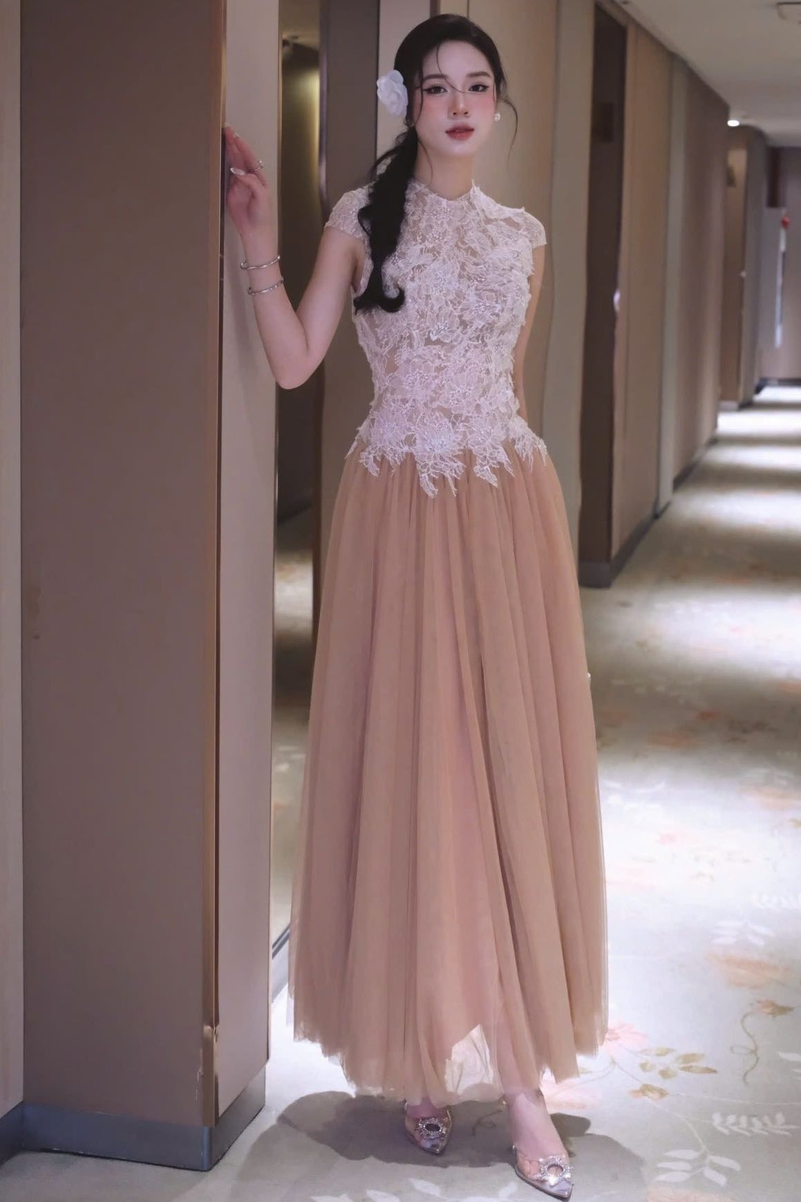 BROWN SEQUIN LACE MESH MAXI DRESS FOR EVENING