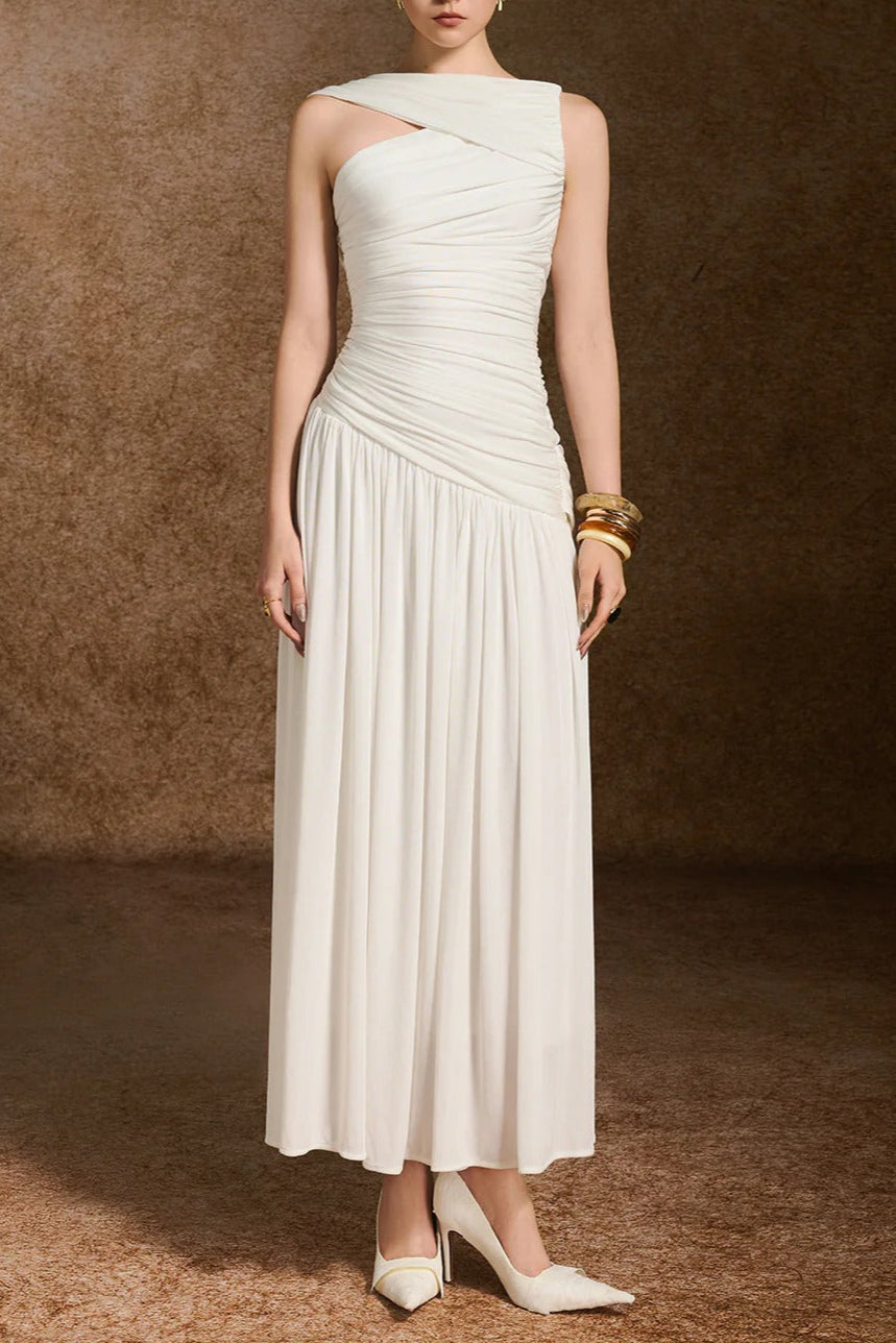 LEONA ASYMMETRIC NECK A-LINE ANKLE DRESS