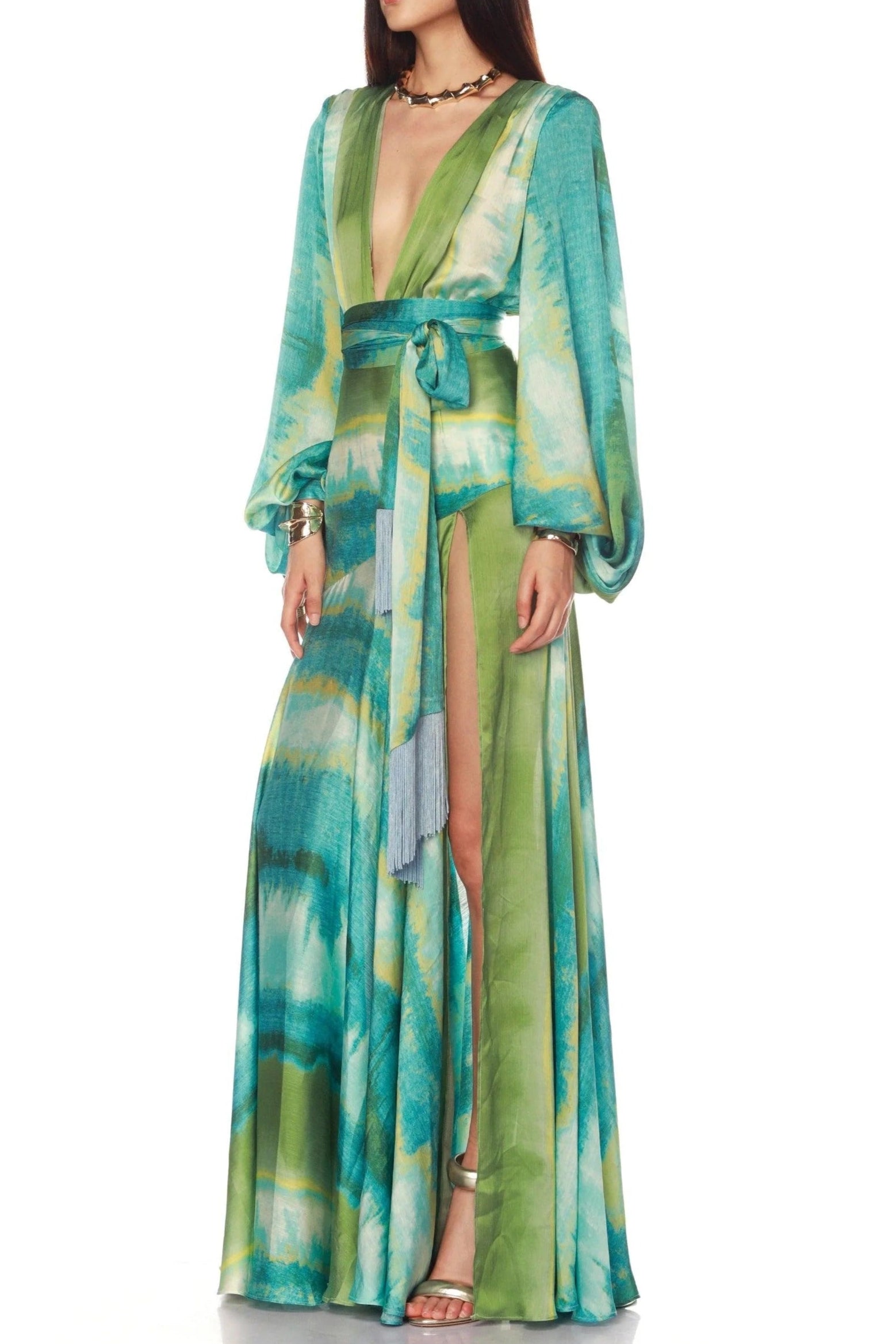 GREEN MULTICOLOR FLORAL PUFF SLEEVE MAXI DRESS