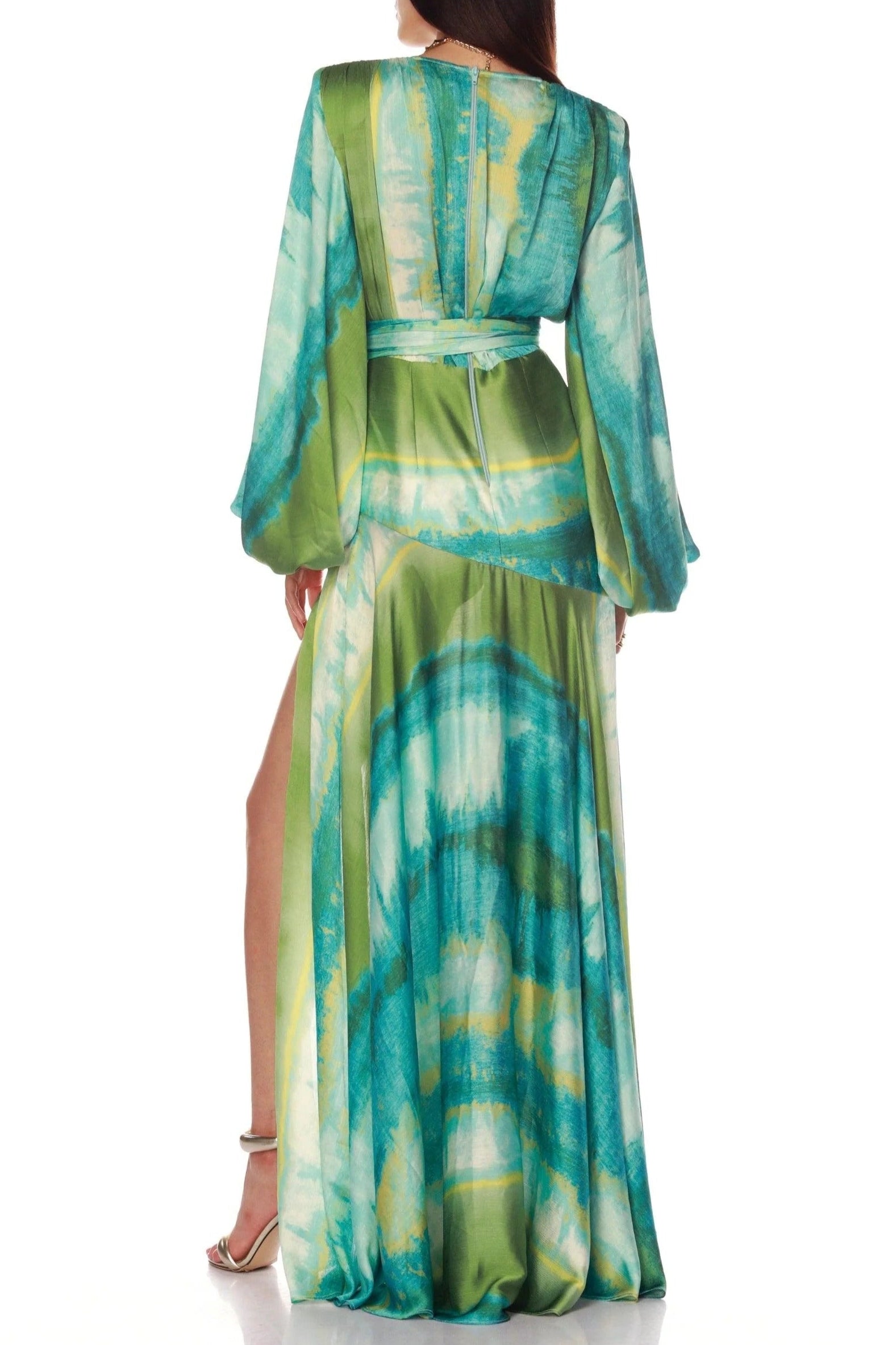 GREEN MULTICOLOR FLORAL PUFF SLEEVE MAXI DRESS
