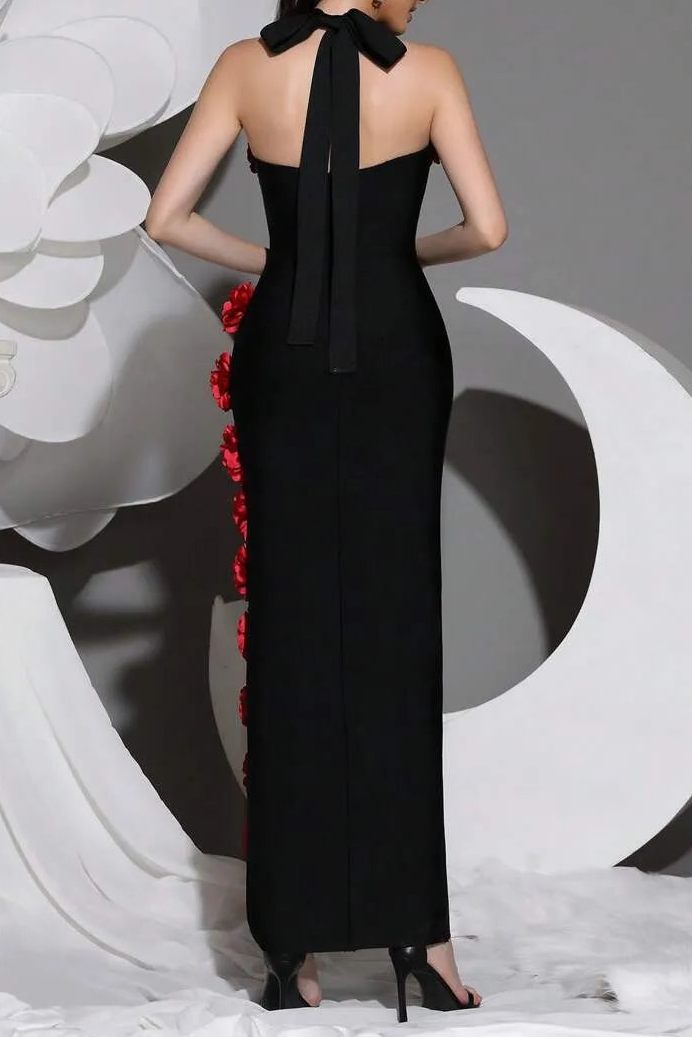 SEBASTIANE HALTERNECK FLORAL BANDAGE MAXI DRESS BLACK