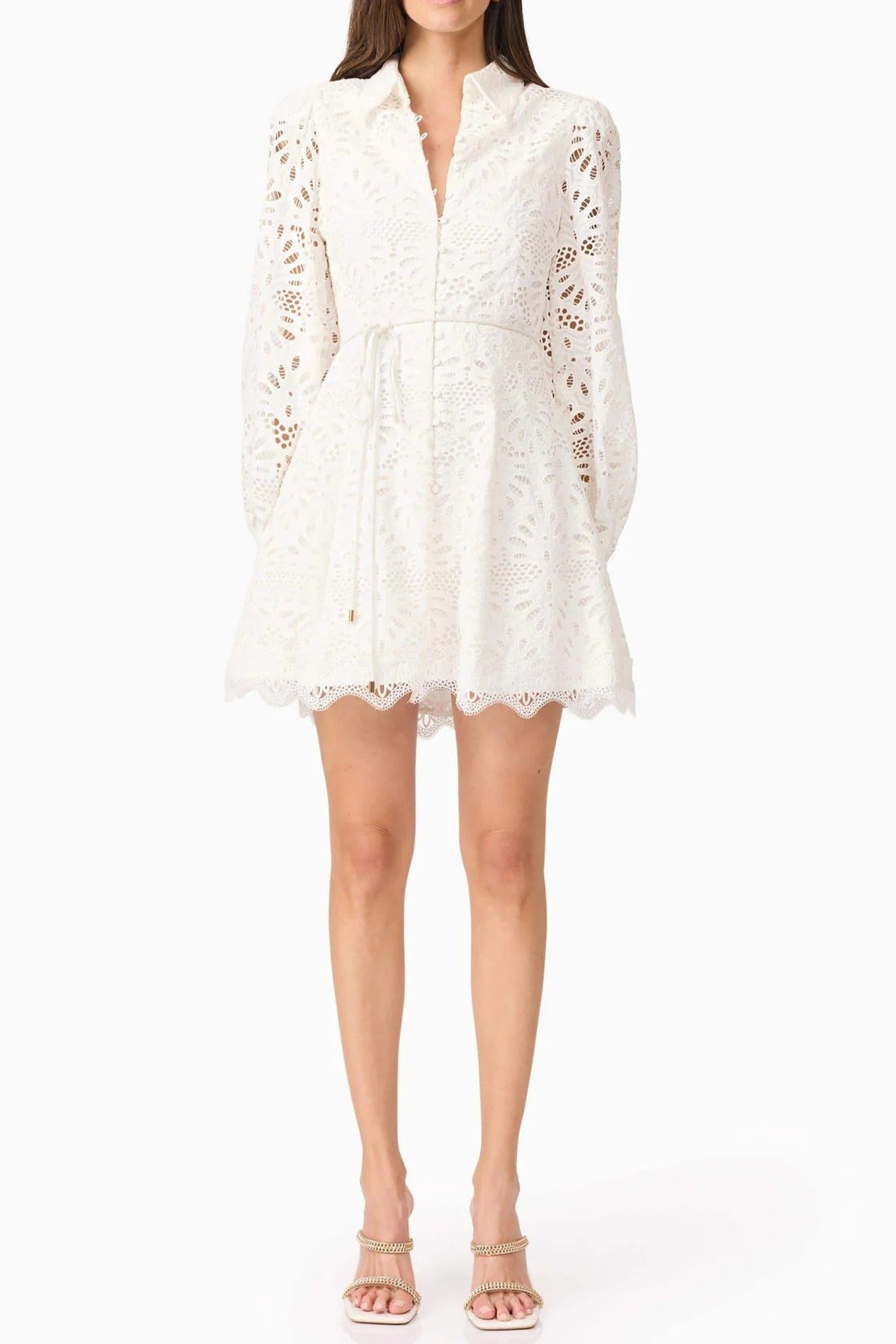 LAPEL EMBROIDERED PUFF SLEEVE MINI WHITE DRESS