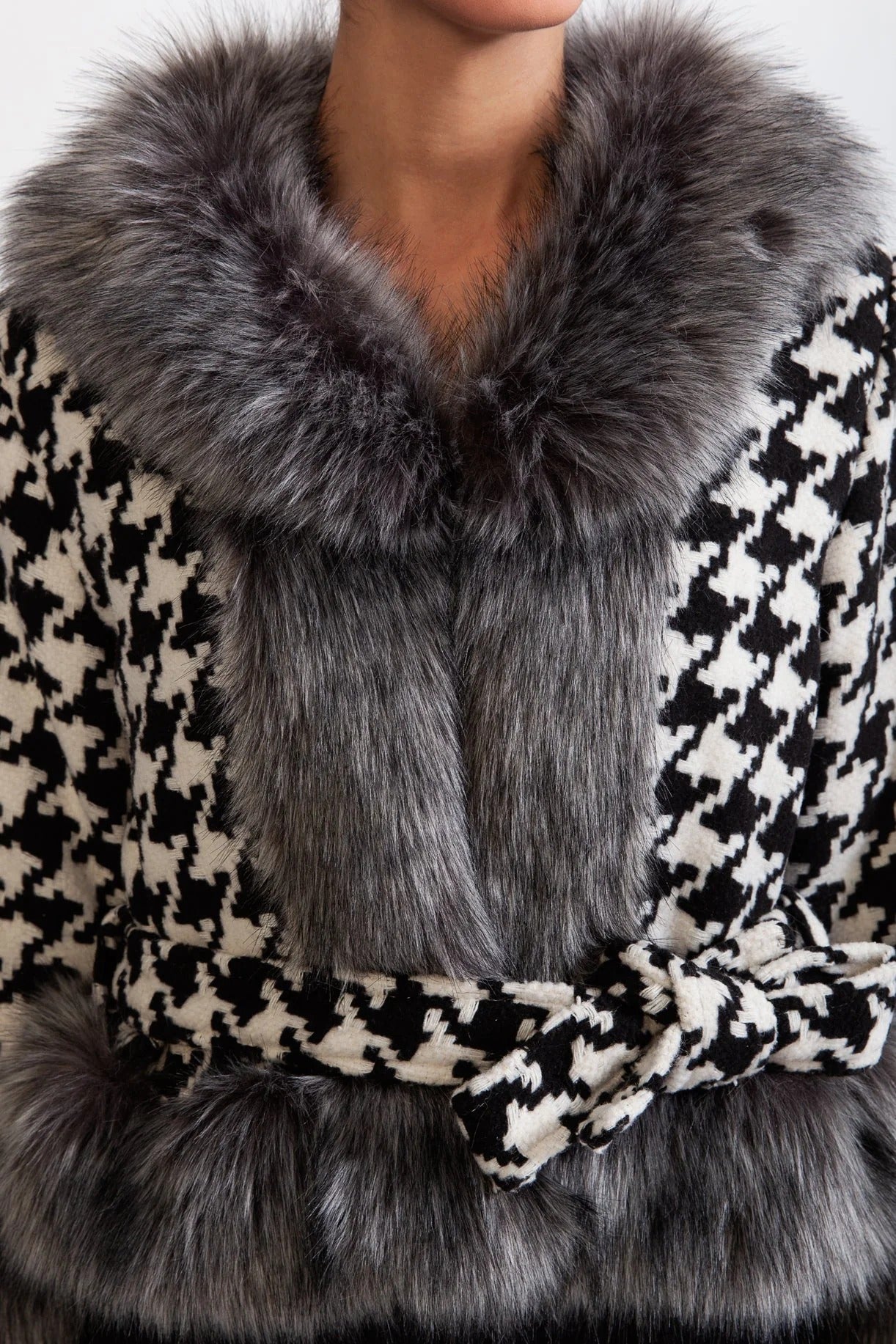 NATIVIDAD HOUNDSTOOTH WOOL BELTED COAT FUR