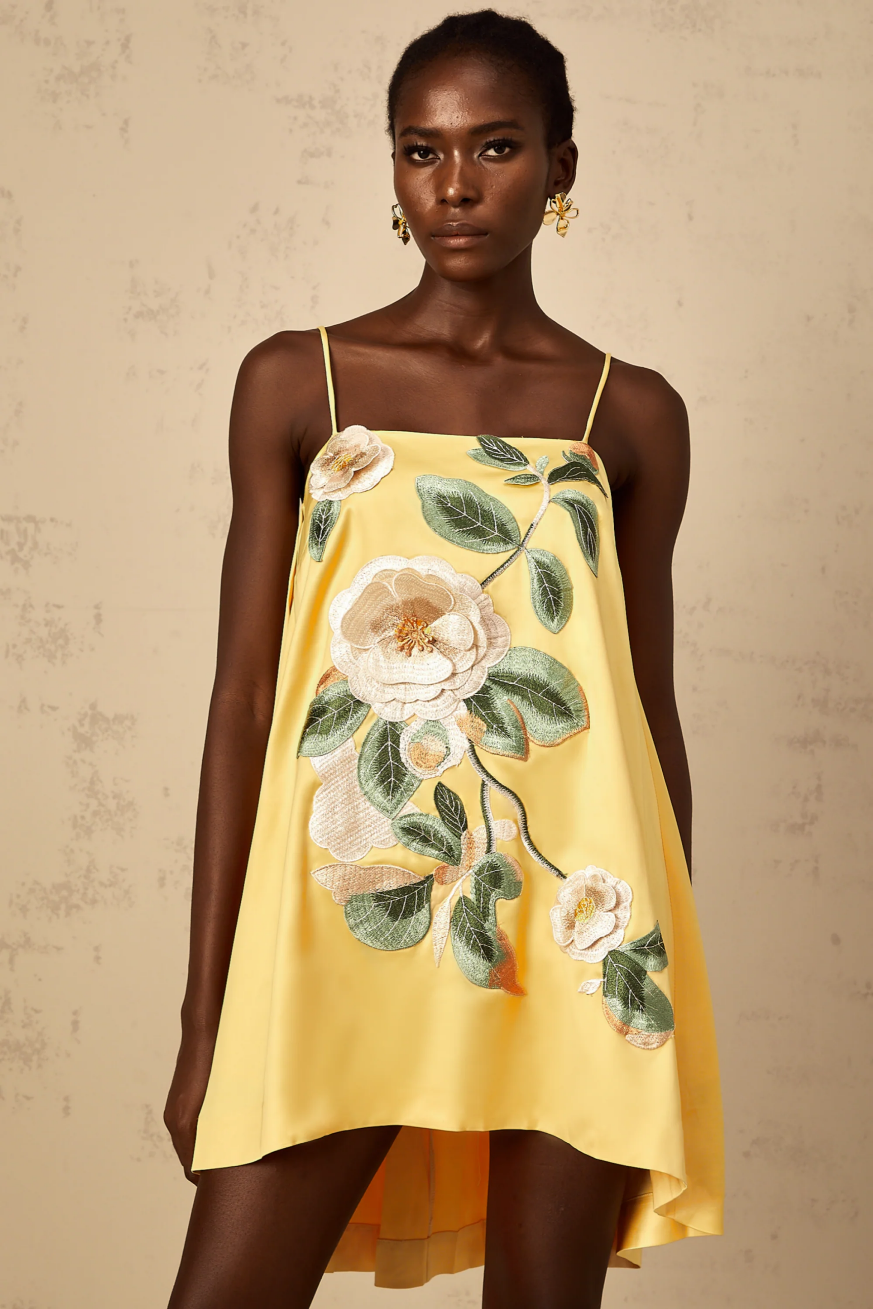 EDWINA YELLOW EMBROIDERED FLORAL MINI DRESS
