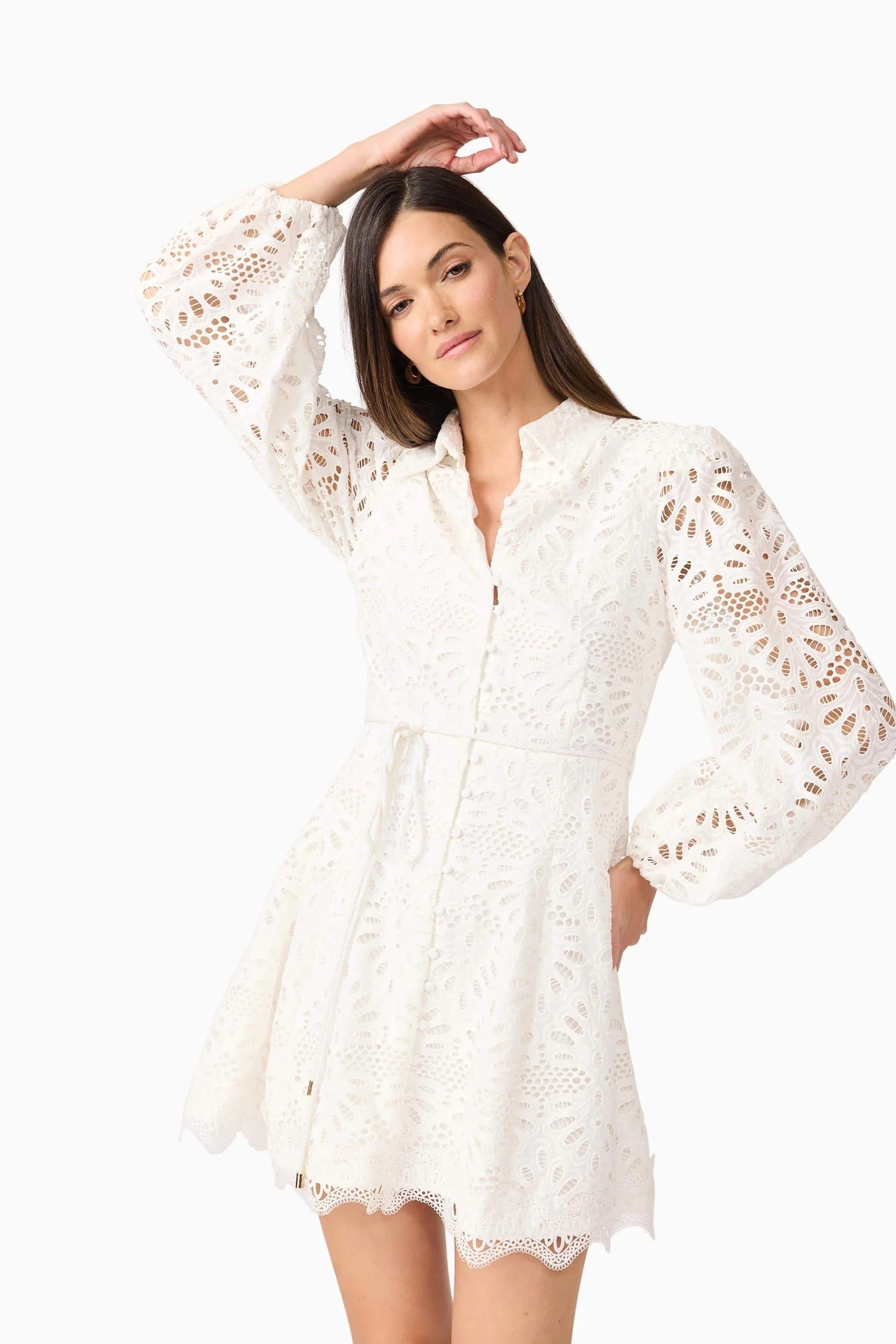 LAPEL EMBROIDERED PUFF SLEEVE MINI WHITE DRESS